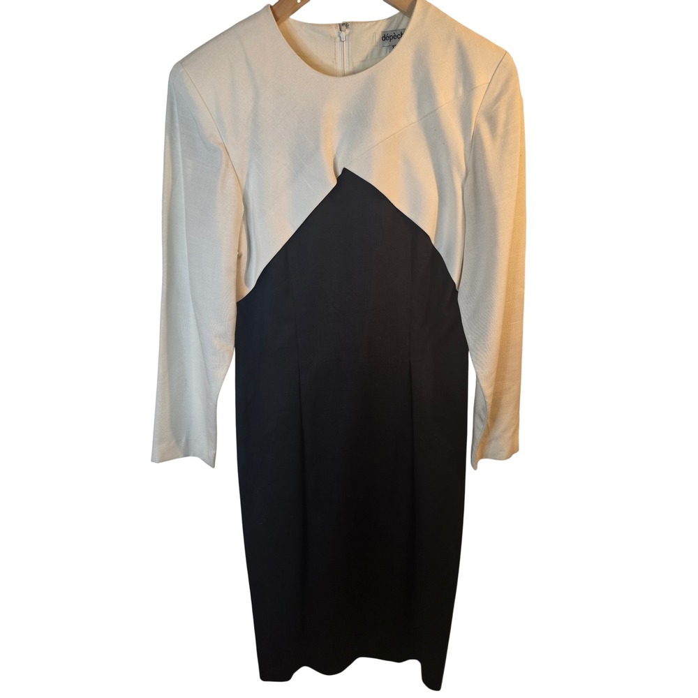Vintage Depeche Mode Colorblock Dress Cream Black Long Sleeve Sheath Midi S-10